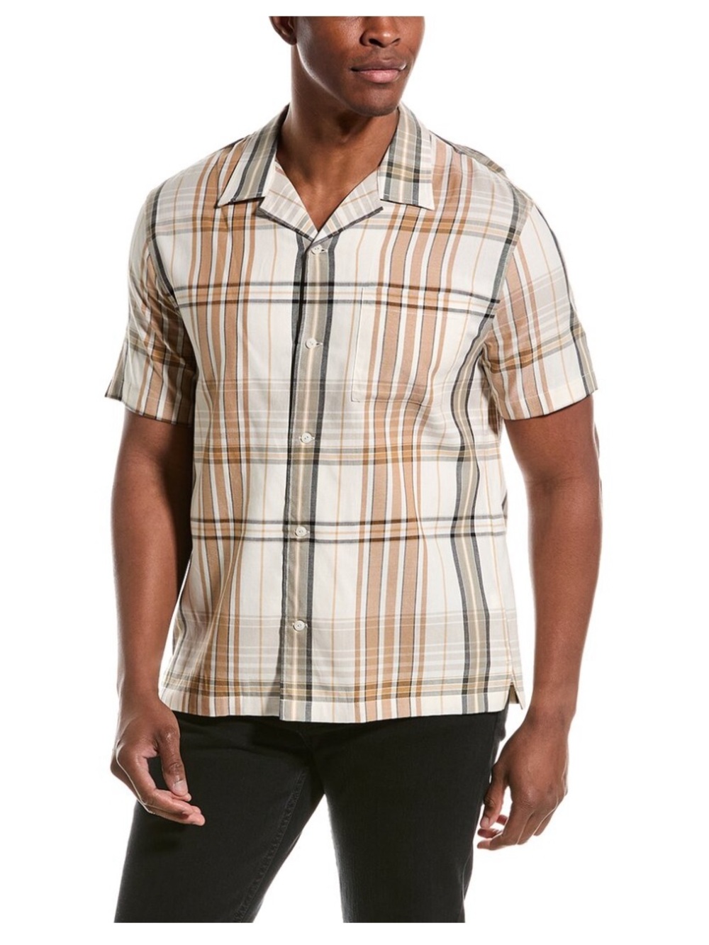 Vince Ibiza Bone & Cathay Spice Plaid cotton blend short sleeve shirt sz M